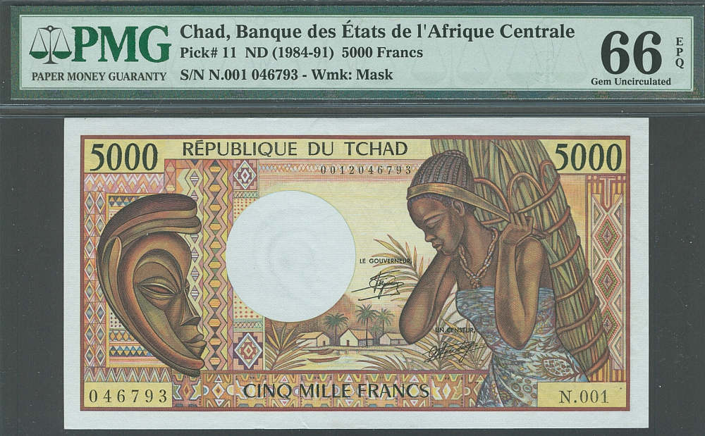 Chad, P-11, 1984-91 5,000 Francs, N.001 046793, GemCU, PMG66-EPQ